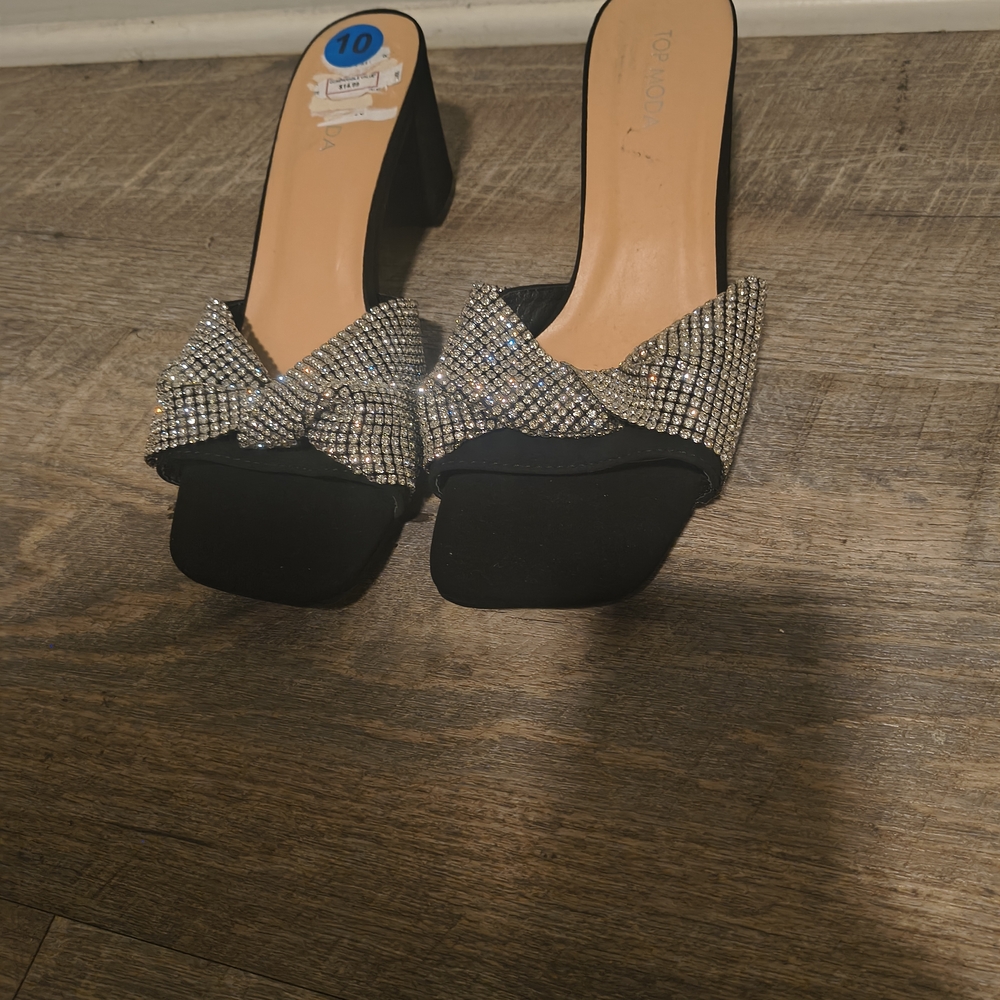 Black Heels with Glittering Silver Bow